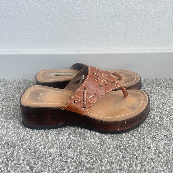 Vintage Candies Womens Sandals 7 Y2K Leather Chunky Platform Wood Heels Boho - Picture 1 of 7